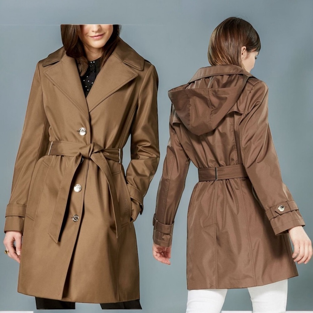 EUC Calvin Klein Polished Satin Hooded Trench Coat